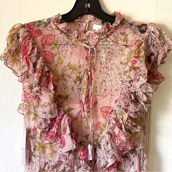 BHLDN Jessica Floral Ruffled Chiffon Maxi Dress Pink Green 8 NWT